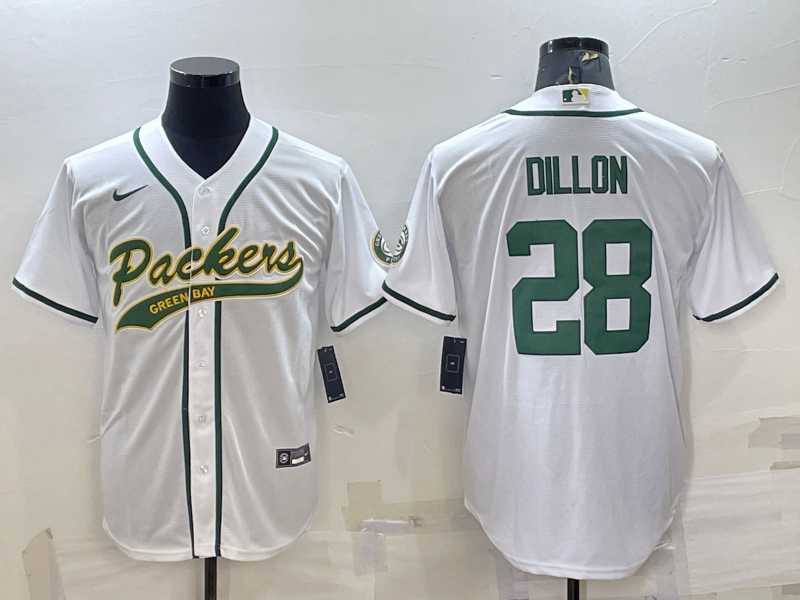 Mens Green Bay Packers #28 AJ Dillon White With Patch Cool Base Stitched Baseball Jersey->green bay packers->NFL Jersey